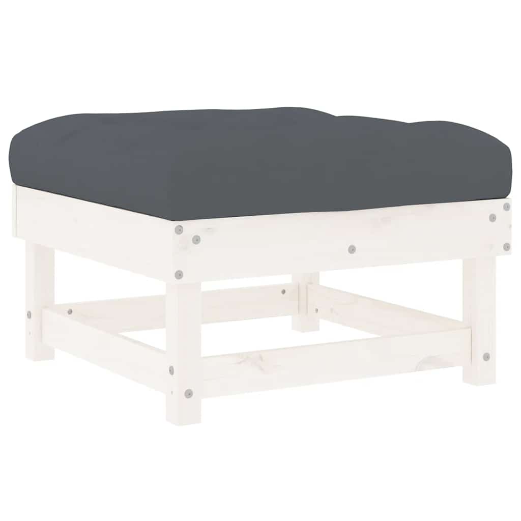 White Solid Wood Pine Garden Footstools w/ Cushions, 2pcs Set