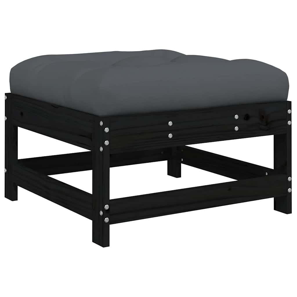 Black Pine Wood Garden Footstool with Cushion - Stylish & Comfortable