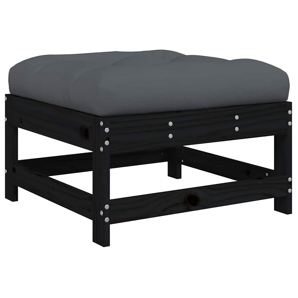 Black Pine Wood Garden Footstool with Cushion - Stylish & Comfortable