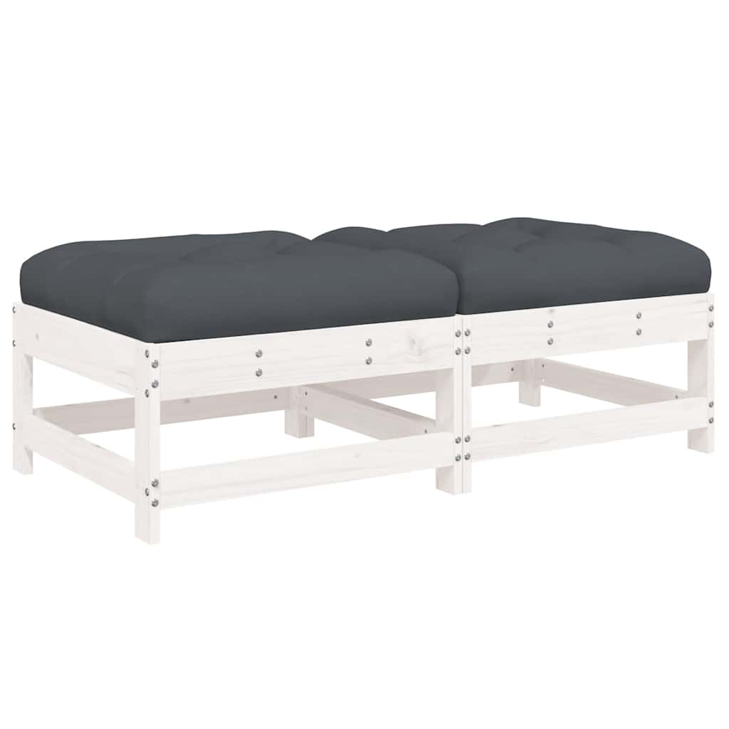 White Solid Pine Wood Garden Footstools with Cushions - 2pcs Set