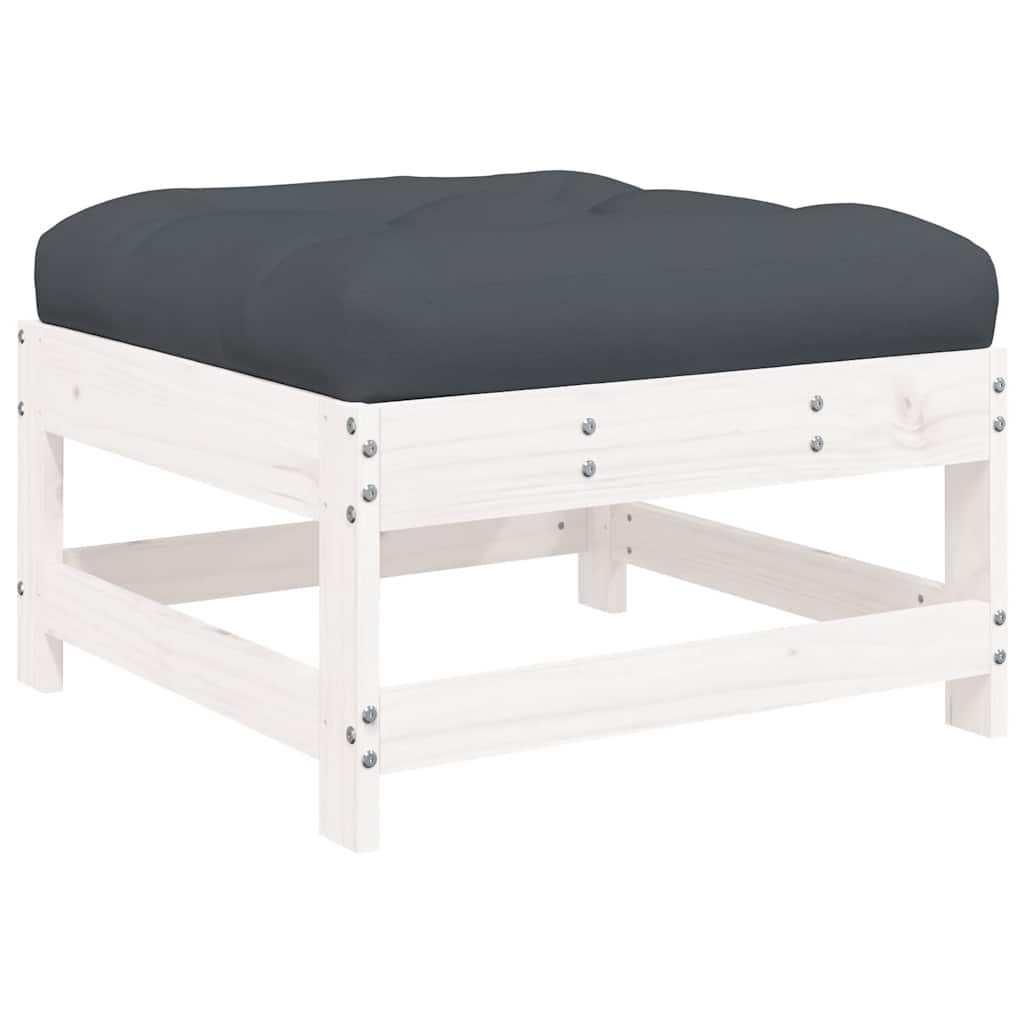 White Solid Pine Wood Garden Footstools with Cushions - 2pcs Set
