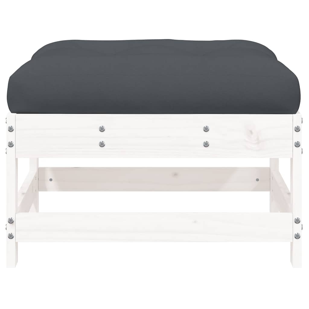 White Solid Pine Wood Garden Footstools with Cushions - 2pcs Set