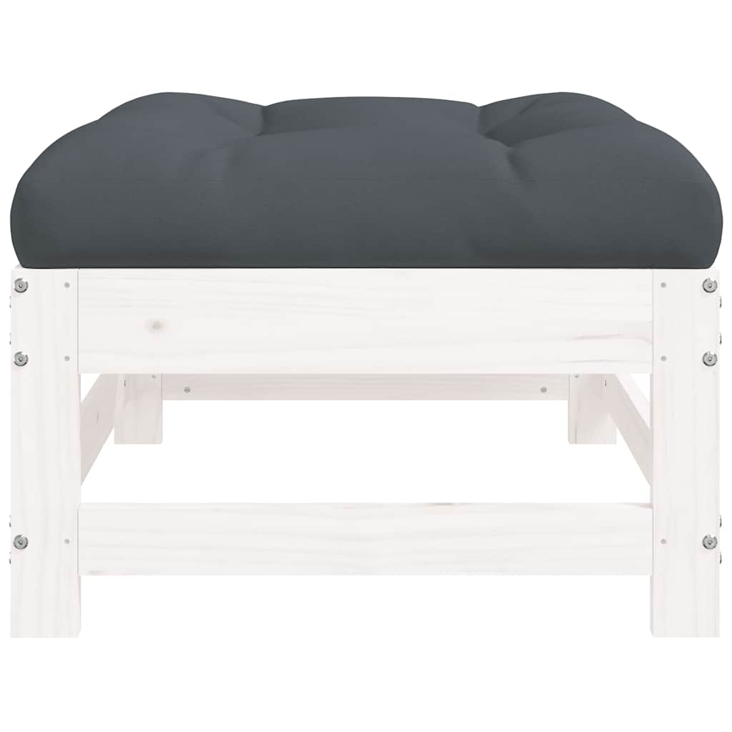 White Solid Pine Wood Garden Footstools with Cushions - 2pcs Set