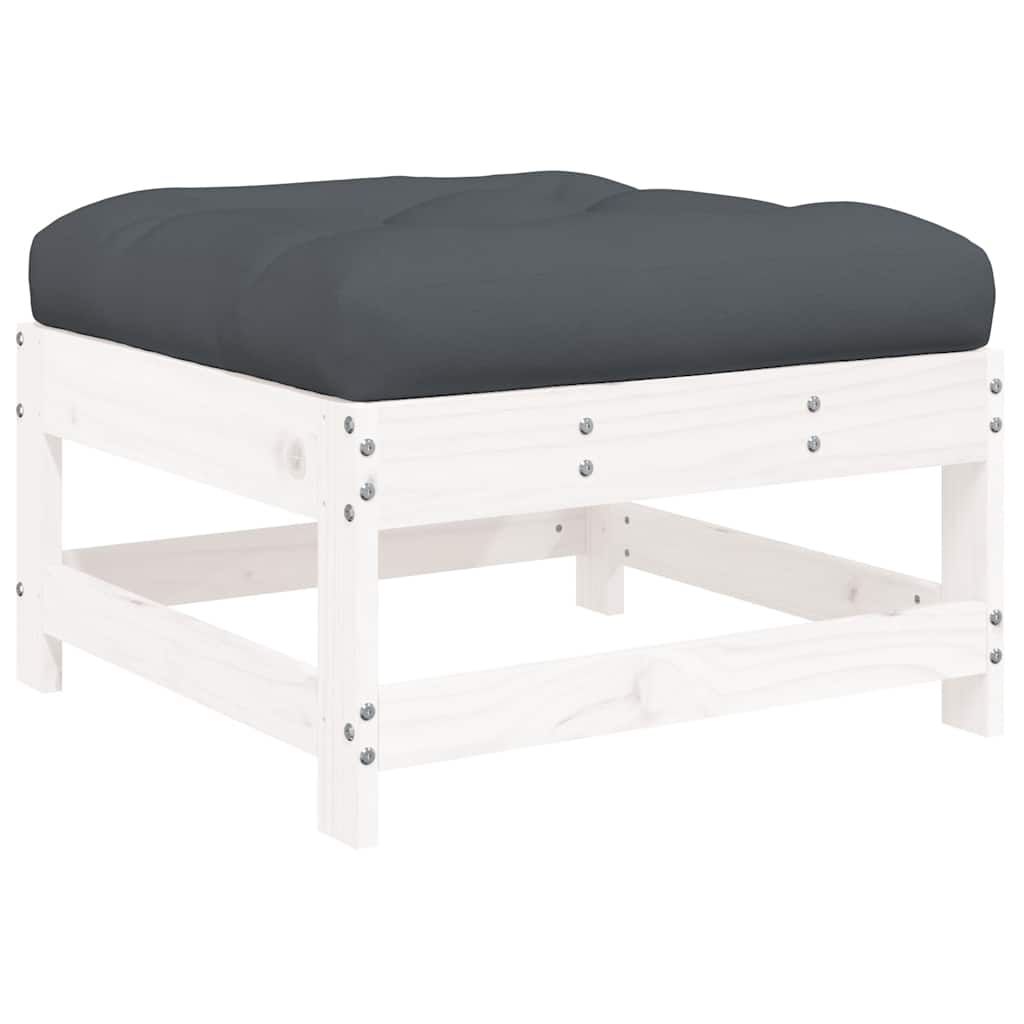 White Solid Pine Wood Garden Footstools with Cushions - 2pcs Set