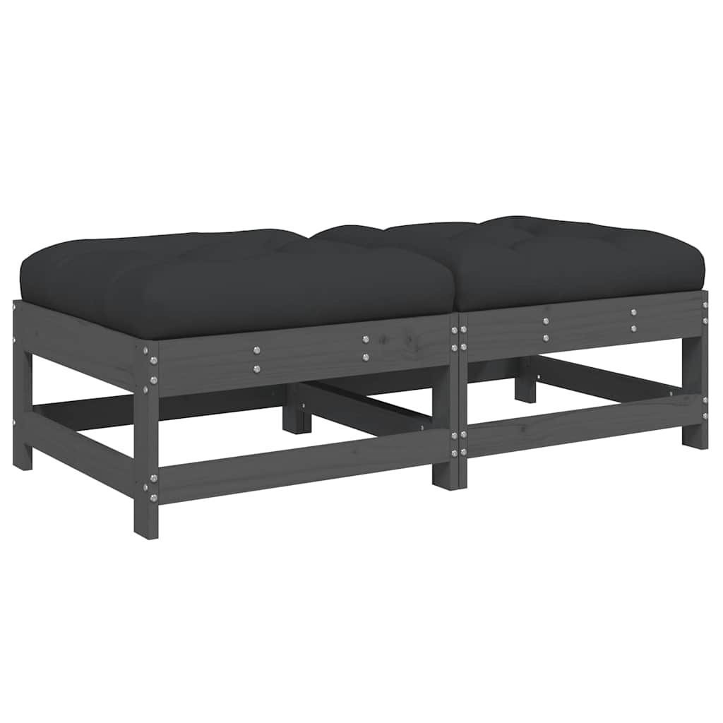 Set of 2 Grey Solid Wood Pine Garden Footstools with Cushions