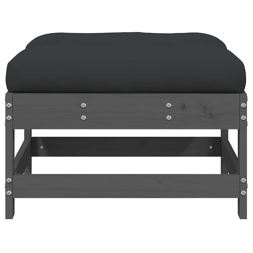 Set of 2 Grey Solid Wood Pine Garden Footstools with Cushions