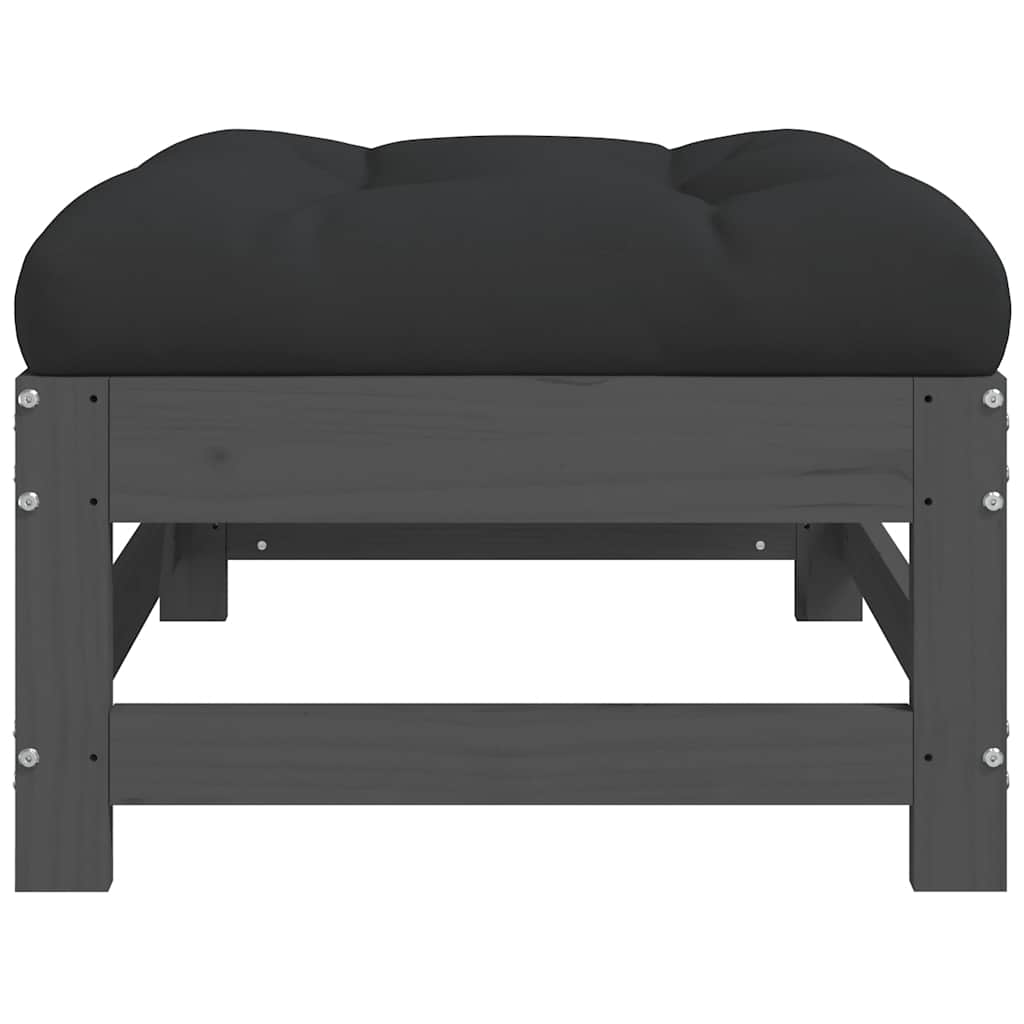 Set of 2 Grey Solid Wood Pine Garden Footstools with Cushions