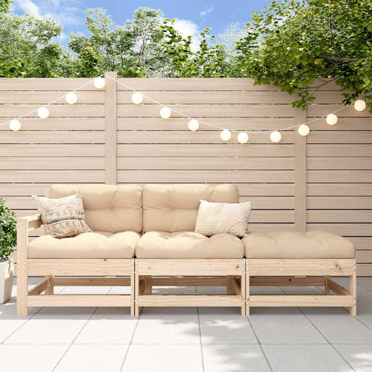 Solid Wood 3 Piece Garden Lounge Set with Cushions - Natural Finish