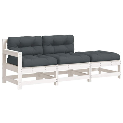 White Solid Wood 3 Piece Garden Lounge Set with Cushions