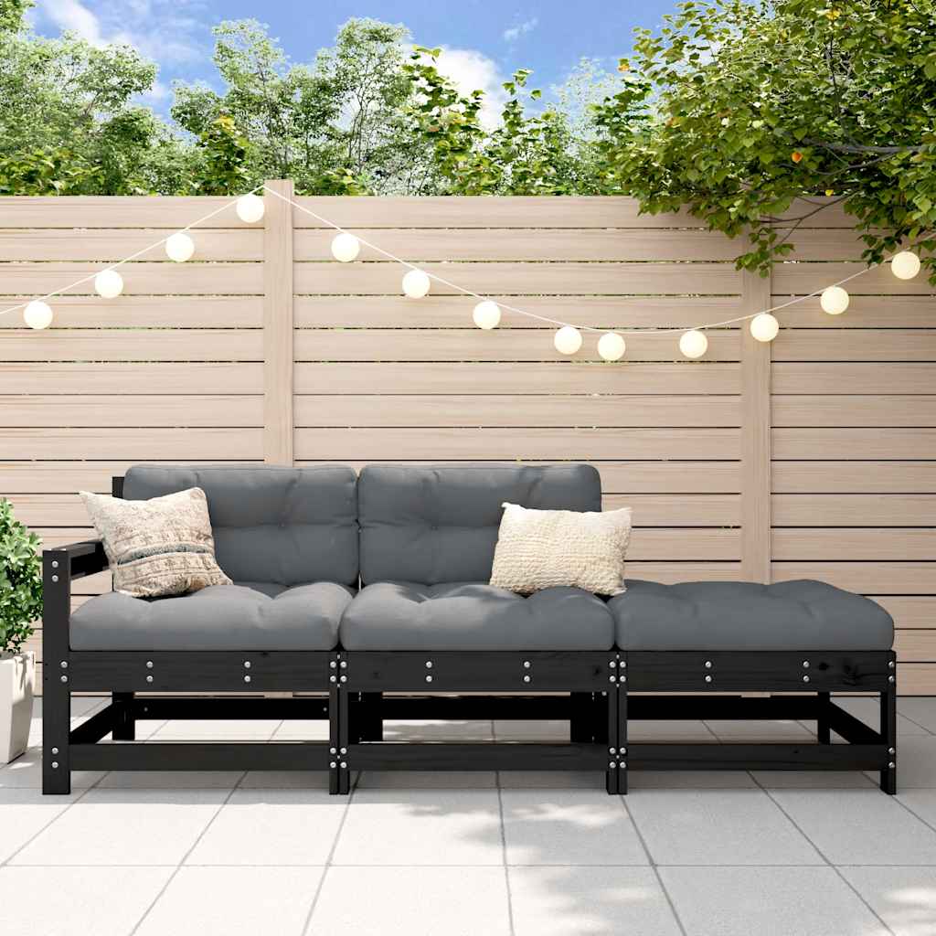 Black Solid Wood 3 Piece Garden Lounge Set with Cushions