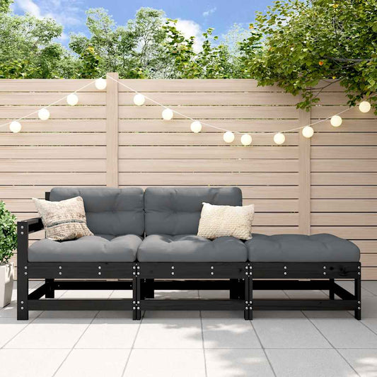 Black Solid Wood 3 Piece Garden Lounge Set with Cushions