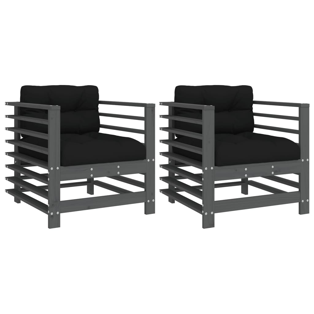 Solid Wood Pine Garden Chairs with Cushions, 2 Pcs - Grey