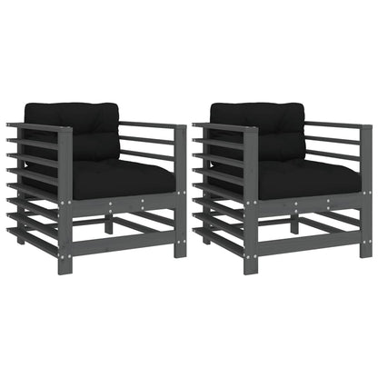 Solid Wood Pine Garden Chairs with Cushions, 2 Pcs - Grey