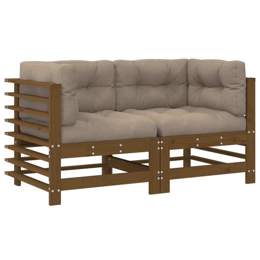 2-Piece Honey Brown Pine Wood Corner Sofa Set with Cushions