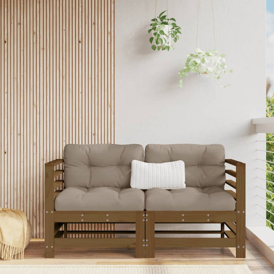2-Piece Honey Brown Pine Wood Corner Sofa Set with Cushions