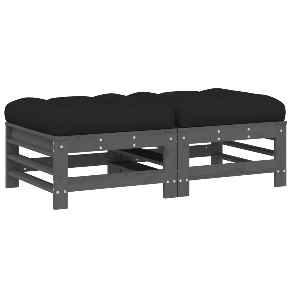 Grey Solid Pine Garden Footstools with Cushions, 2pcs Set