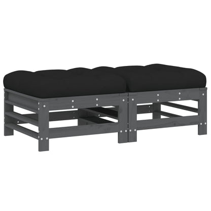 Grey Solid Pine Garden Footstools with Cushions, 2pcs Set