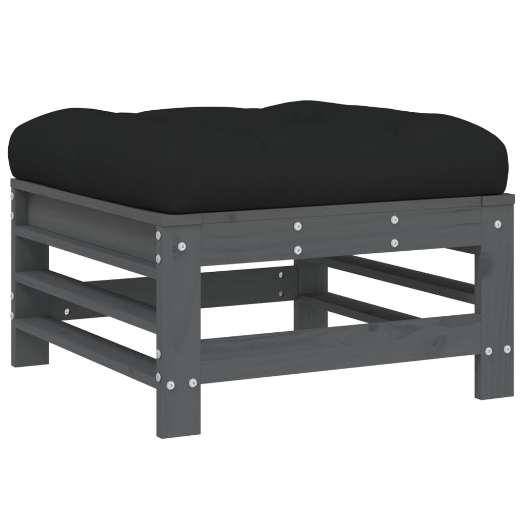 Grey Solid Pine Garden Footstools with Cushions, 2pcs Set