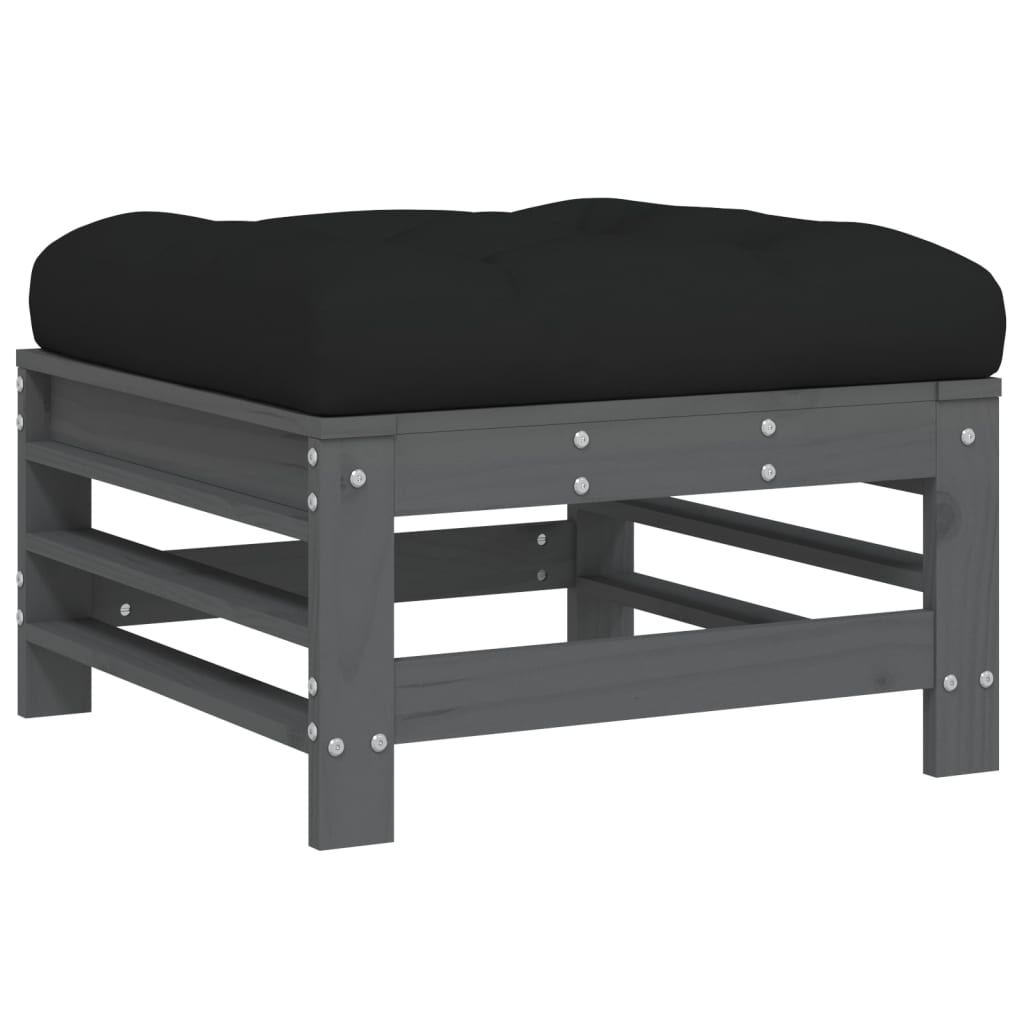 Grey Solid Pine Garden Footstools with Cushions, 2pcs Set