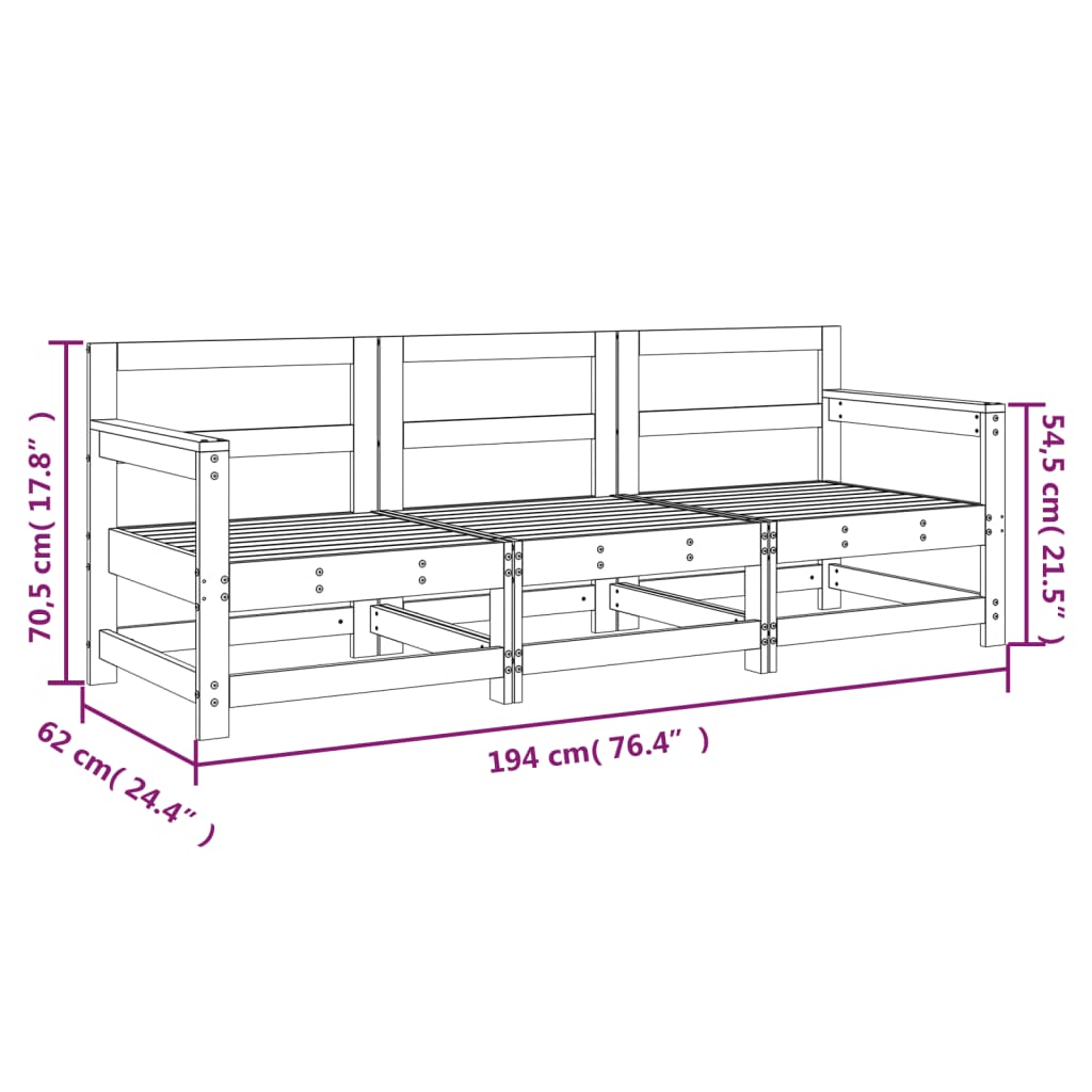 White Solid Wood Pine 3-Piece Garden Lounge Set - Elegant & Durable