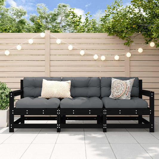Elegant 3-Piece Black Solid Pine Wood Garden Lounge Set