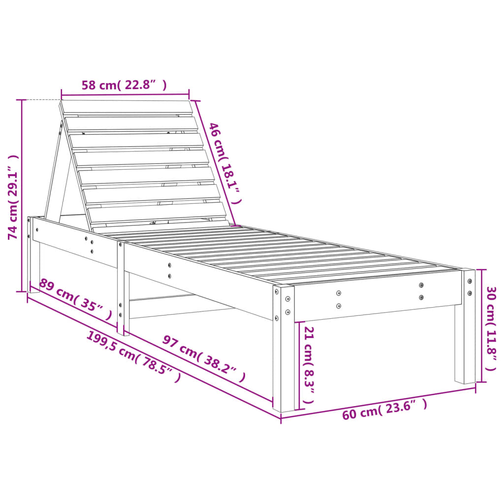 Solid Pine Sun Lounger - Grey, 199.5x60x74 cm