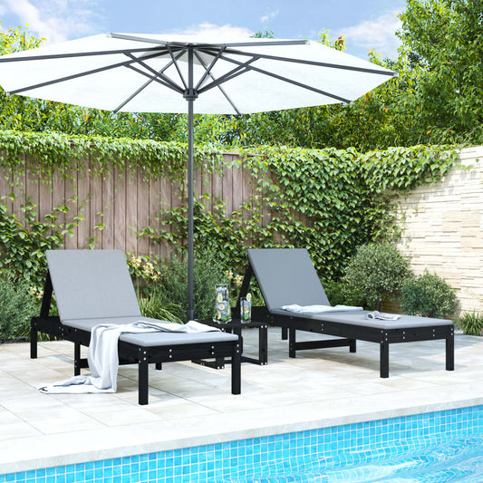 Black Solid Pine Sun Loungers 2pcs, 199.5x60x74 cm