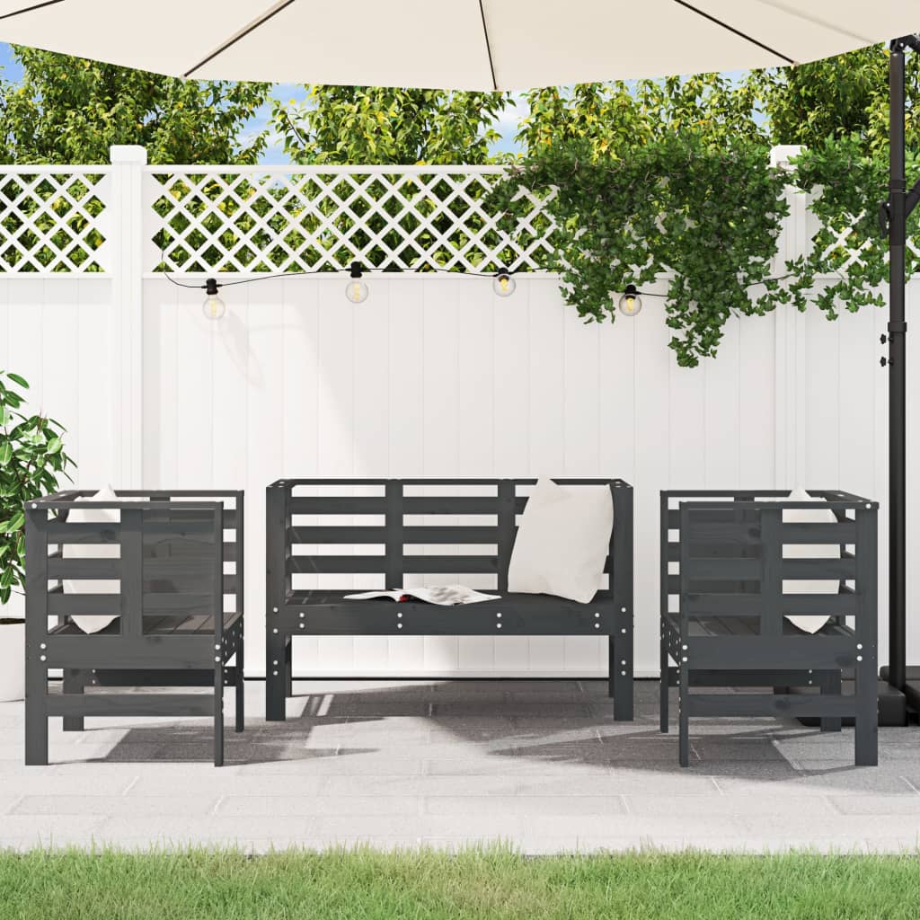 3-Piece Grey Pine Wood Garden Lounge Set - Solid & Stylish