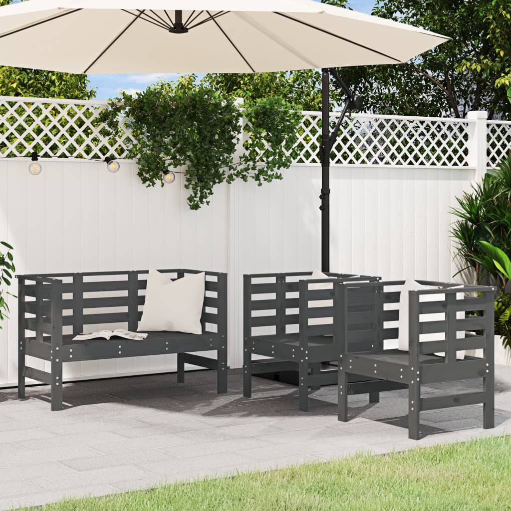 3-Piece Grey Pine Wood Garden Lounge Set - Solid & Stylish