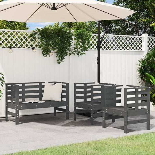 3-Piece Grey Pine Wood Garden Lounge Set - Solid & Stylish