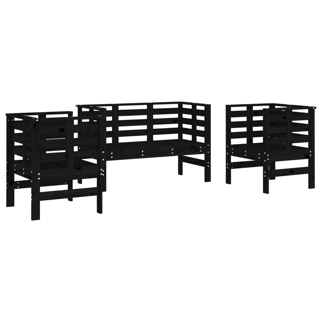 3-Piece Black Pine Wood Garden Lounge Set - Solid & Stylish