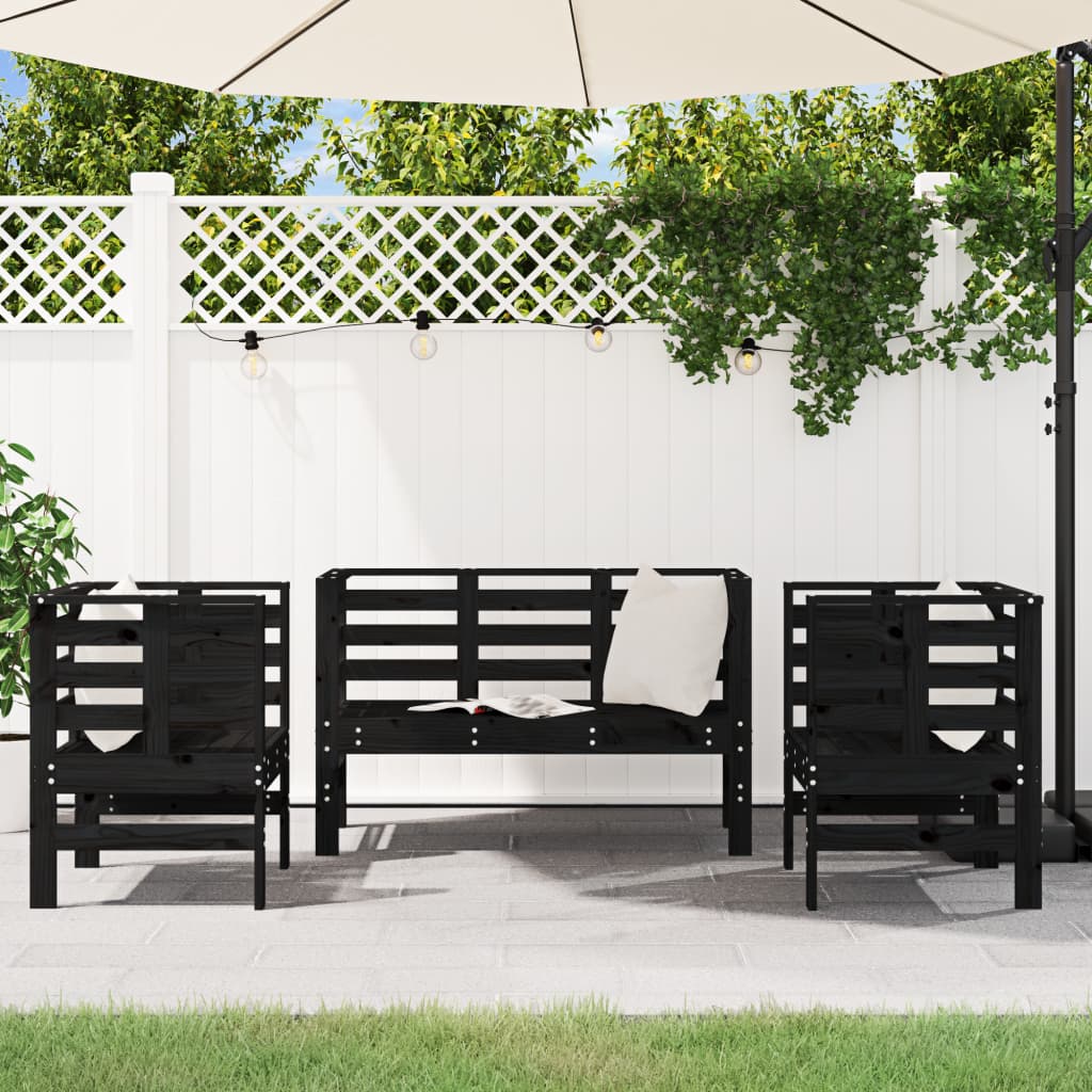 3-Piece Black Pine Wood Garden Lounge Set - Solid & Stylish