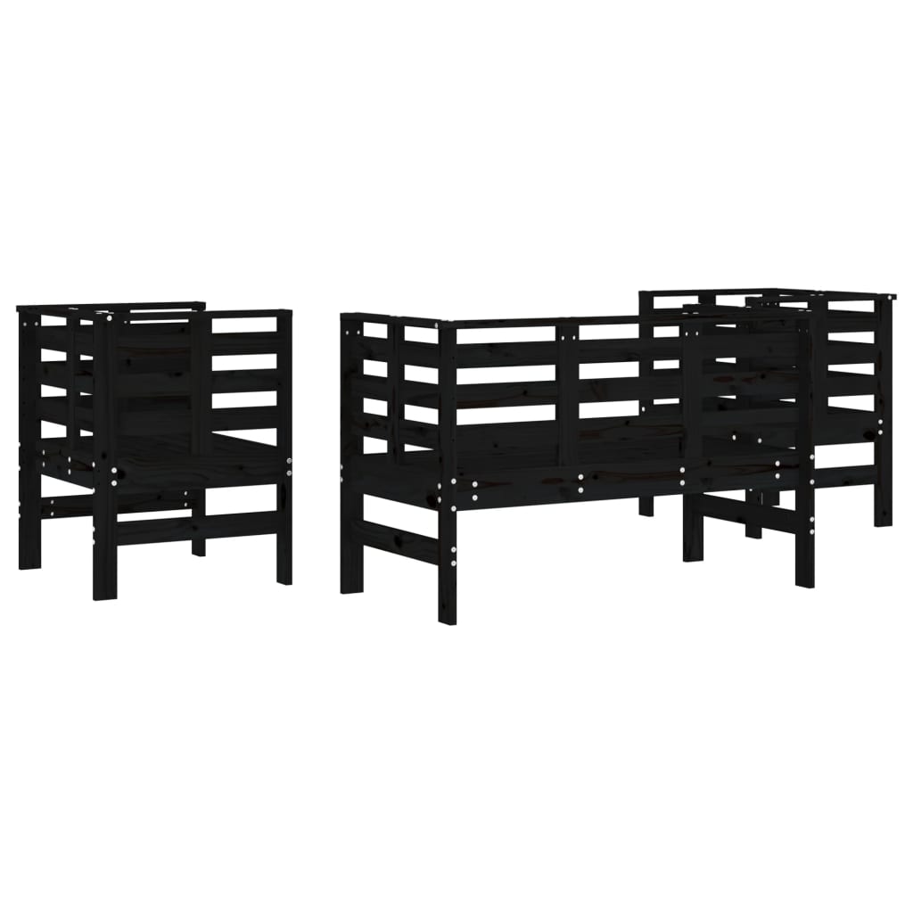 3-Piece Black Pine Wood Garden Lounge Set - Solid & Stylish