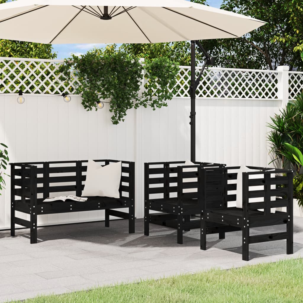 3-Piece Black Pine Wood Garden Lounge Set - Solid & Stylish