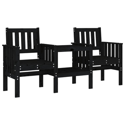 2-Seater Black Pine Garden Bench with Table - Solid Wood