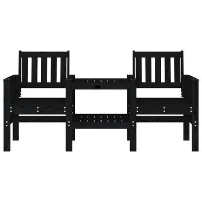 2-Seater Black Pine Garden Bench with Table - Solid Wood