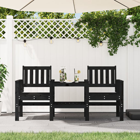 2-Seater Black Pine Garden Bench with Table - Solid Wood