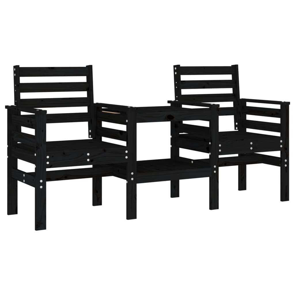 2-Seater Black Solid Pine Wood Garden Bench with Table