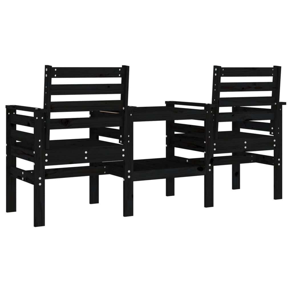 2-Seater Black Solid Pine Wood Garden Bench with Table