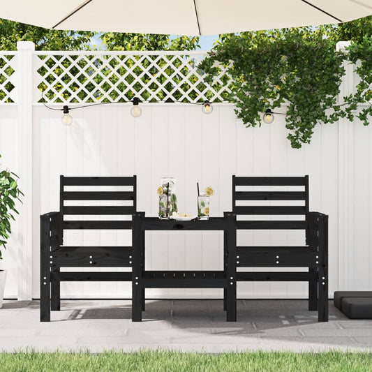 2-Seater Black Solid Pine Wood Garden Bench with Table