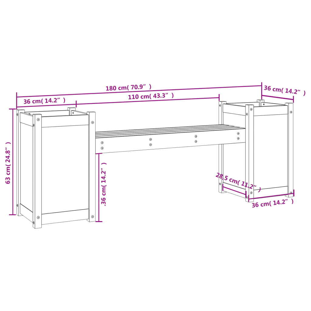 Solid Pine Planter Bench - Honey Brown, 180x36x63 cm