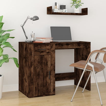 Smoked Oak Desk with Cabinet - Engineered Wood Elegance