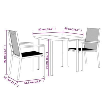 3 Piece Garden Dining Set Black Textilene and Steel