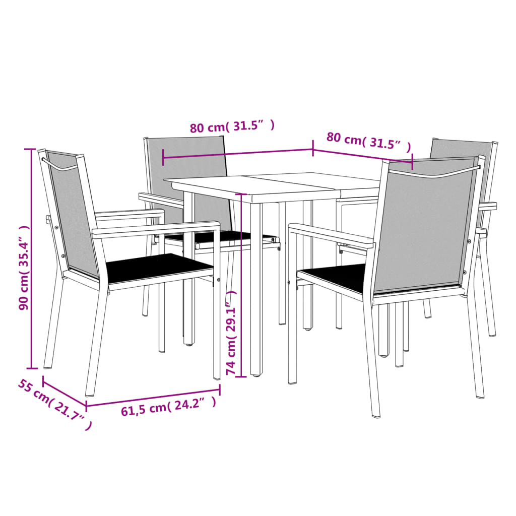 5 Piece Garden Dining Set Black Textilene and Steel