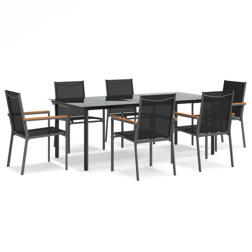 7 Piece Garden Dining Set Black Textilene and Steel