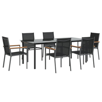 7 Piece Garden Dining Set Black Textilene and Steel