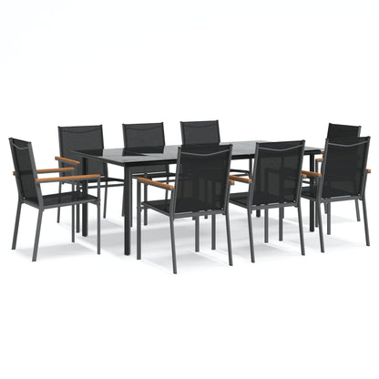 9 Piece Garden Dining Set Black Textilene and Steel