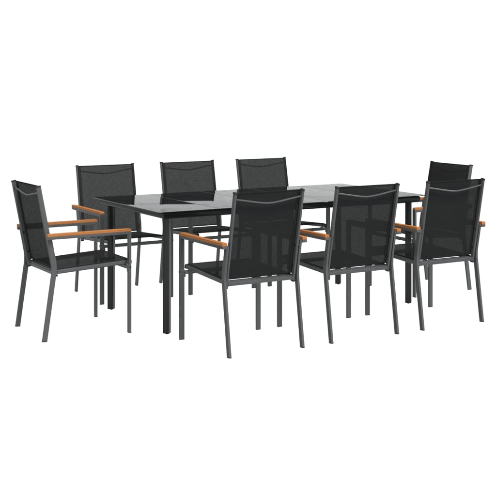 9 Piece Garden Dining Set Black Textilene and Steel
