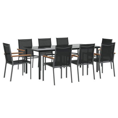 9 Piece Garden Dining Set Black Textilene and Steel