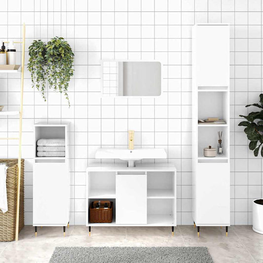 High Gloss White Bathroom Cabinet - Engineered Wood, 30x30x100 cm